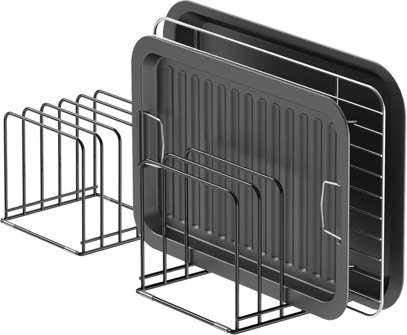 KORRTFID Kitchen Cabinet Organizer, Steel Cookware Holder, Divided Holder with 5 Slots for Skillets Baking Tray and Chopping Board Rack - Baking Pan Holder Storage (2 PCS) - Image 1